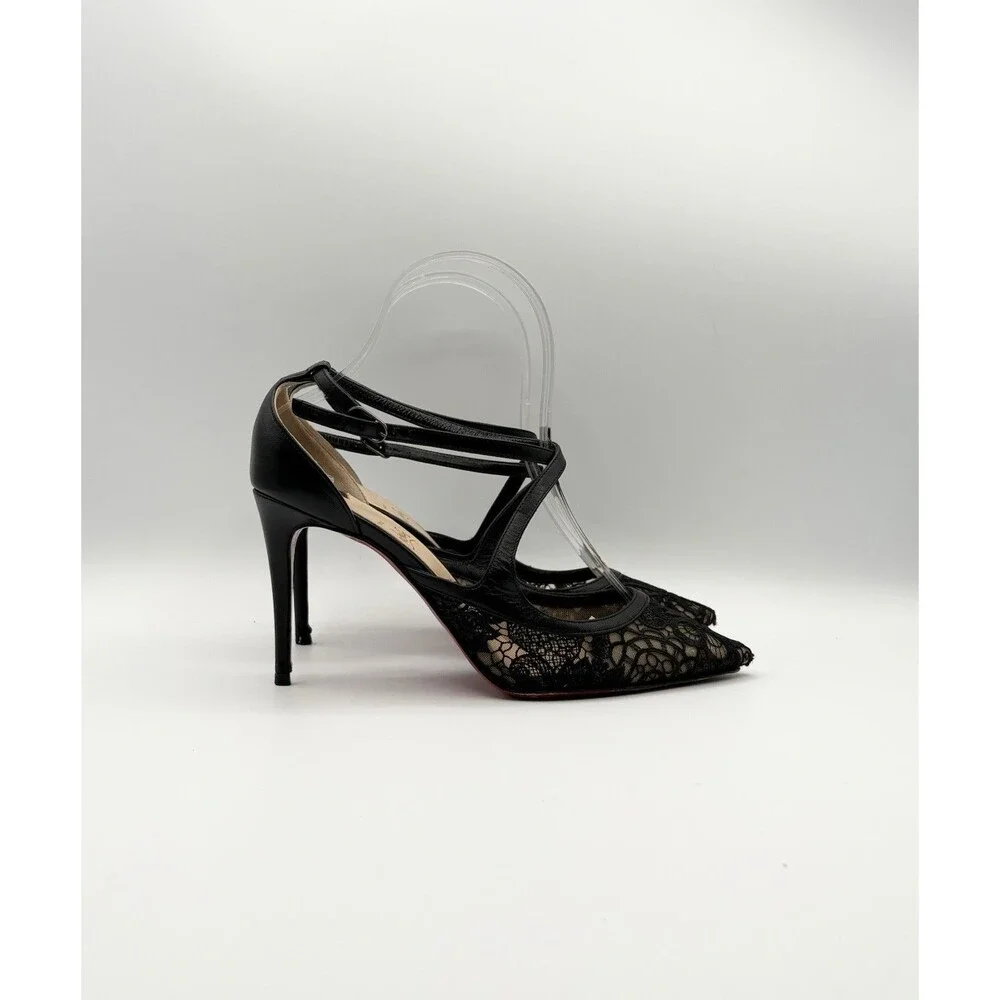 Christian Louboutin Black Leather & Lace Twistissima Pointed Heels Size EU 37.5